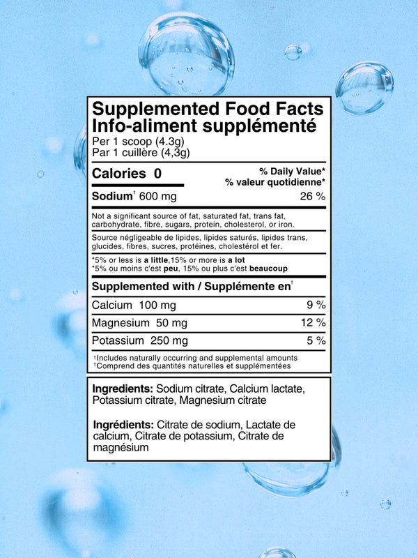 A supplement facts label in French and English on a light blue background with water droplets. The label shows calories, sodium, calcium, magnesium, potassium, and ingredients. Neutral Salt