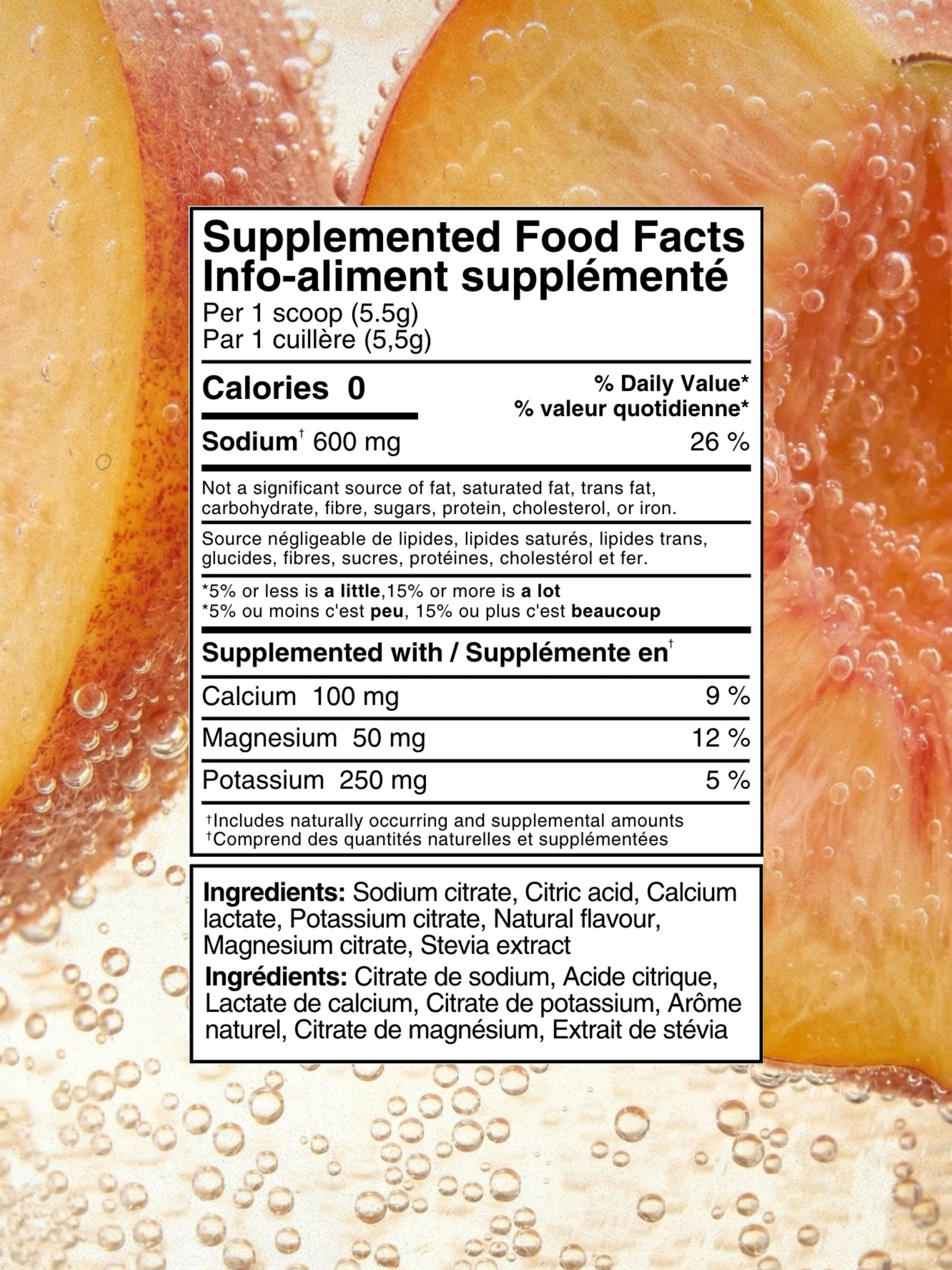 A supplement facts label in French and English over a warm orange and yellow liquid with bubbles, showing calories, sodium, calcium, magnesium, potassium, and ingredients. Peach Salt