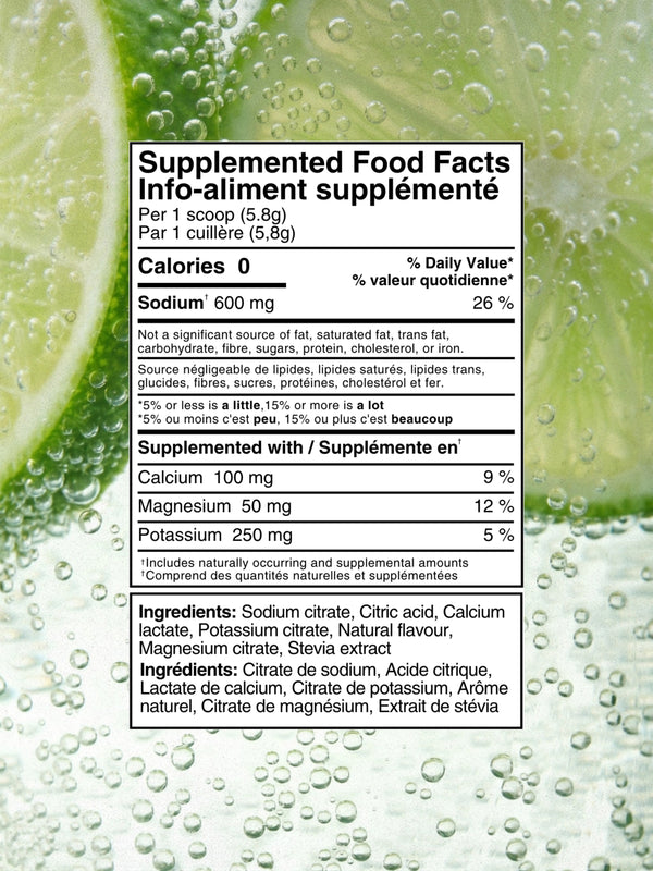 A supplement facts label in French and English, showing a Nutrition Facts panel with ingredients and supplement amounts, set against a green leafy background with water droplets. Lime Salt