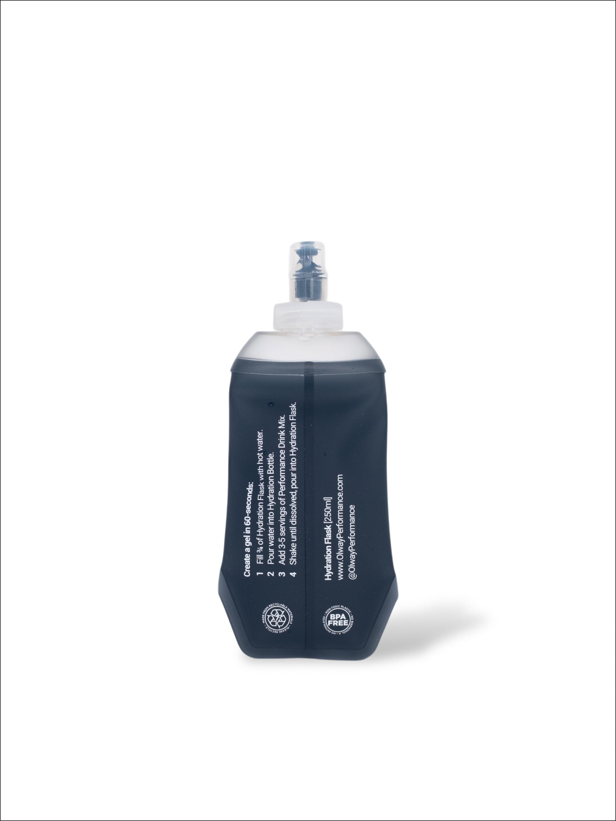 Olway Hydration Flask 250ml, back of the flask with the gel mixing instructions