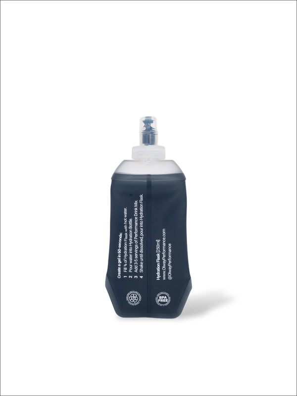Olway Hydration Flask 250ml, back of the flask with the gel mixing instructions