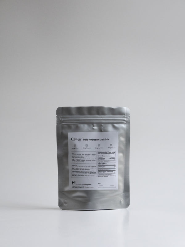 Silver foil pouch of Olway Daily Hydration Drink Mix, 150g, with nutrition facts and product details visible.