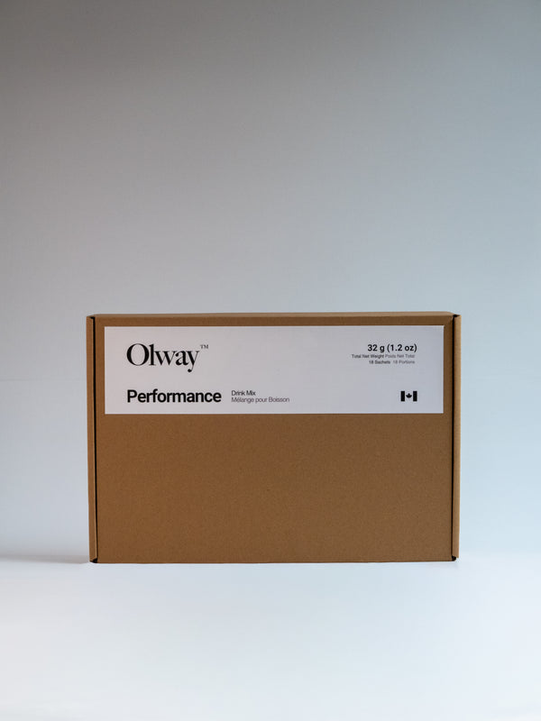 Olway Performance drink mix 18-pack box, natural brown cardboard with white label and black text.
