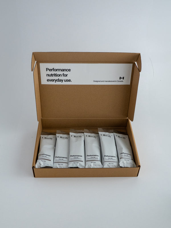 Open brown cardboard box with six white Olway Performance Drink Mix single-serving packets.